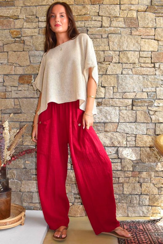 Suri Cushion Cotton Button Pocket Barrel Pant Sangria